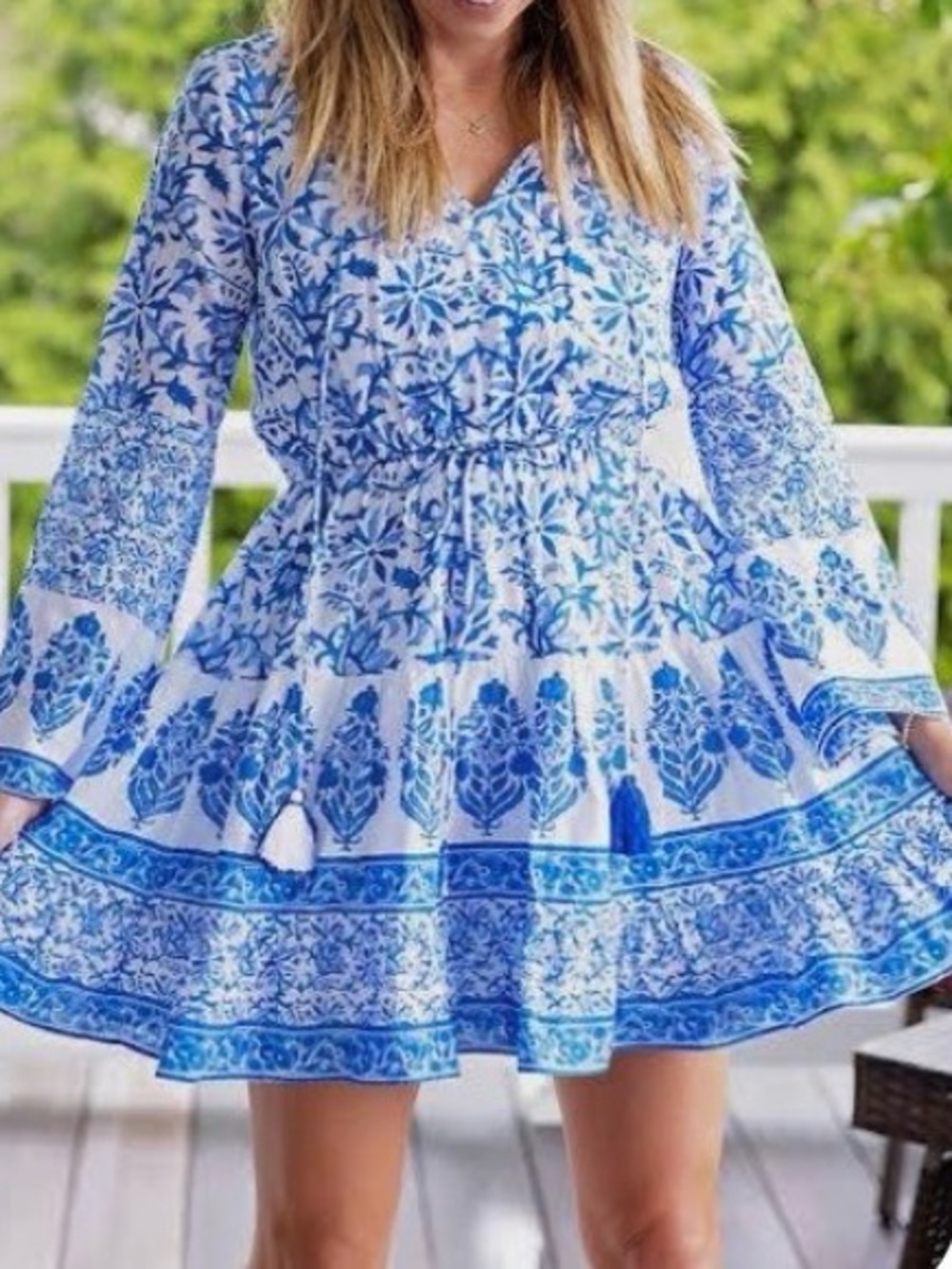 New CELINA MOON Blue White Floral Boho Dress sz S